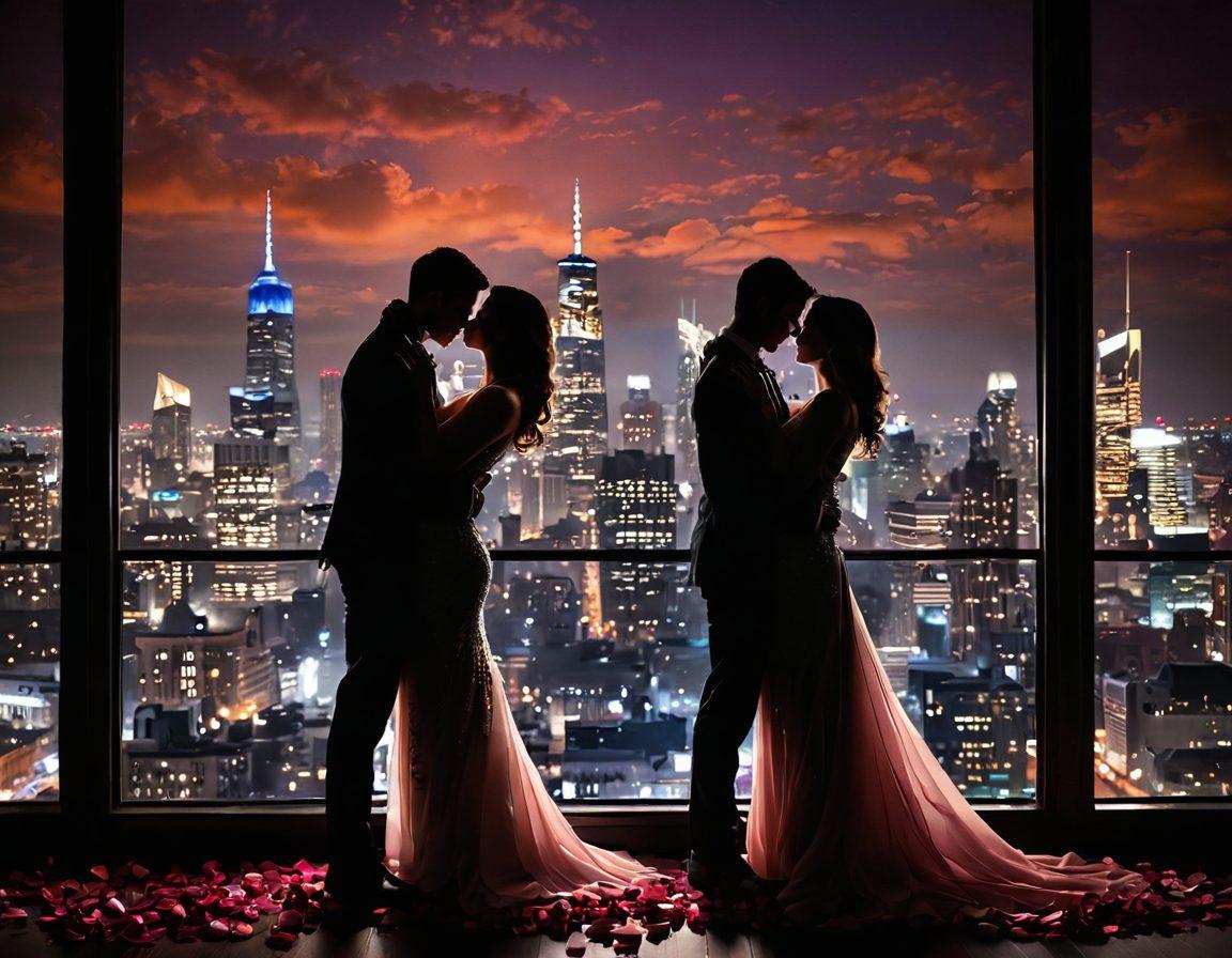 A sultry scene featuring a couple entwined in an intimate embrace, surrounded by soft, moody lighting that highlights their expressions of passion. The background should include an artistic silhouette of a city skyline, suggesting nighttime adventures. Incorporate elements like rose petals and delicate champagne glasses to enhance the romantic atmosphere. The colors should be warm and inviting, creating a sense of allure. super-realistic. vibrant colors. soft focus.