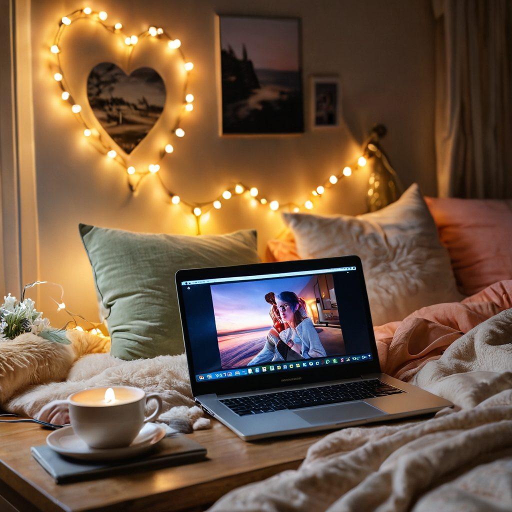 A cozy, dimly lit bedroom setting with a plush bed and soft pillows, adorned with gentle fairy lights. On one side, a sleek laptop screen displaying a playful home video in vibrant colors. Subtle hints of playful intimacy, like a heart-shaped cushion and a camera tripod in the background. The atmosphere should evoke a sense of fun and creativity. super-realistic. warm hues. soft focus.